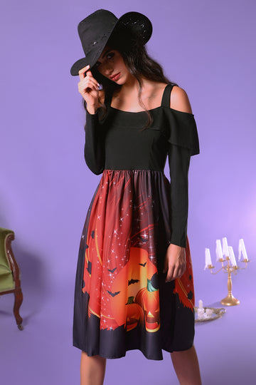 A Line Halloween Pumpkin Printed Black Orange Cold Shoulder Vintage Dress